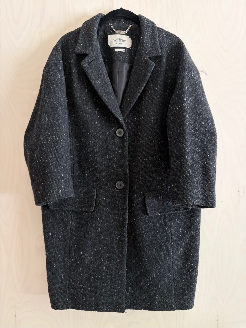 Wilfred Charcoal Black Tweed Wool-Blend Cocoon Coat Medium